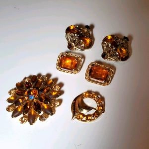 Amber colored gold tone jewelry bundle